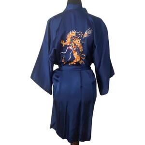 Vintage Blue Satin Dragon Embroidered Kimono Robe Med Hong Kong 100% Rayon